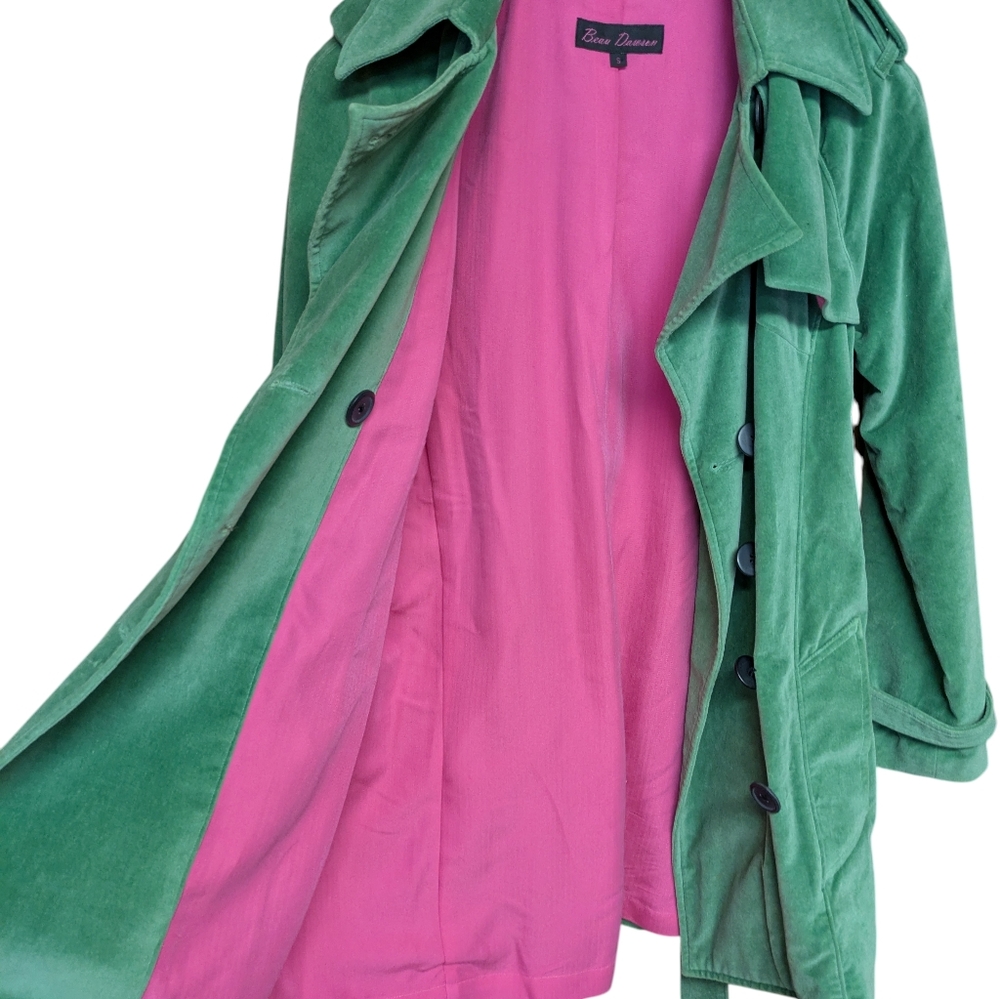 Beau Dawson Green Velvet Double Breasted Trenchcoat Size Small - Picture 3 of 11